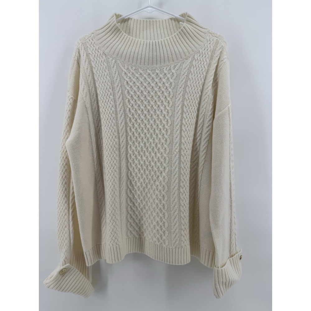 NWT Talbots Cable Knit Button Cuff Sweater Size L Cream Ivory